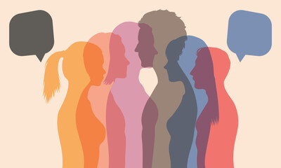 People talking in a crowd. Social networking communication. Communication between people. Multicoloured profile vector character. 