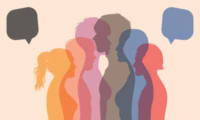 A group of diverse people vector profile talking. A speech bubble and social network. Talking in the community. Concept communication. Friends chatting. Networking and a group of diverse people.
