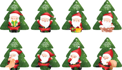 Watercolor Illustration set of Christmas hangtag with santa claus