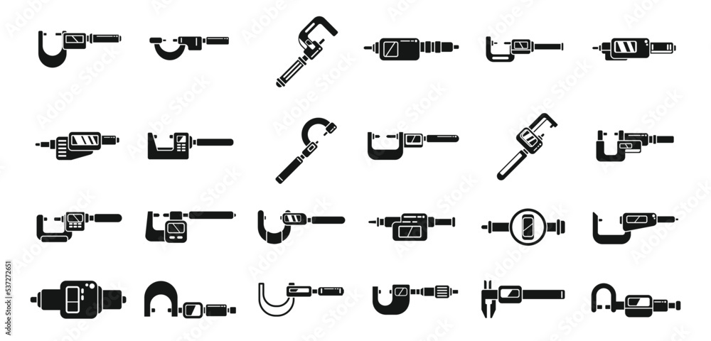 Poster digital micrometer icons set simple vector. caliper ruler. device construction