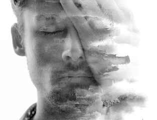 Paintography. Black ink wash combined with a portrait of a man