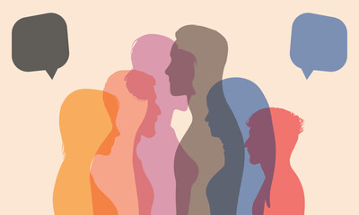 Communication between people. Multicoloured profile vector character. People talking in a crowd. Social networking communication.