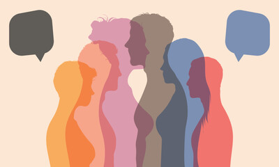 Dialogue group of diverse people with crowd talking and vector character profiles. Speech bubbles and communication between people.