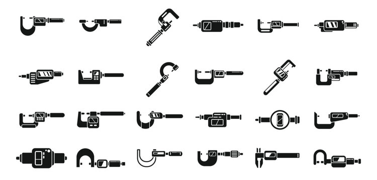 Digital micrometer icons set simple vector. Caliper ruler. Device construction