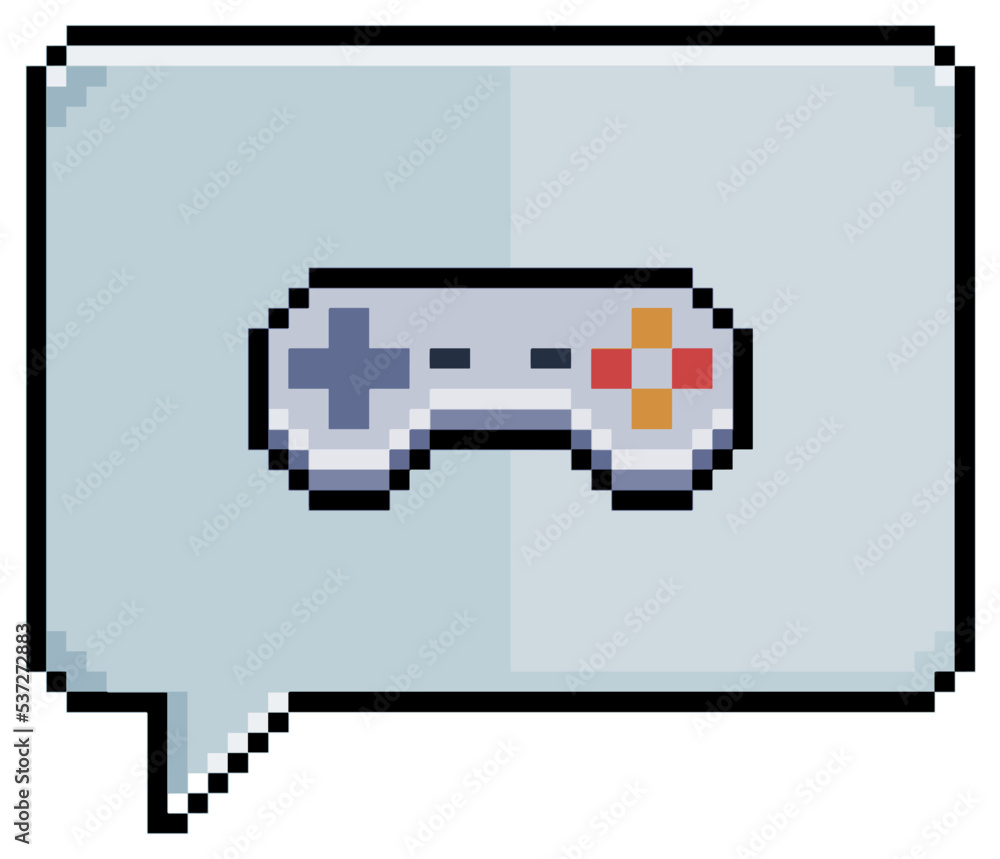Poster pixel art speech bubble with video game controller joystick icon vector icon for 8bit game on white 