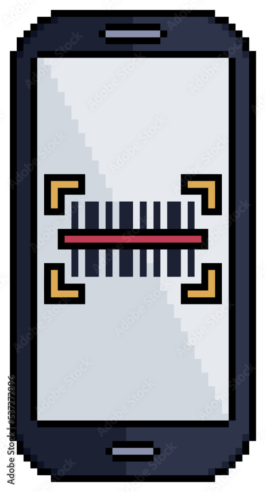 Poster pixel art mobile phone with barcode on screen vector icon for 8bit game on white background