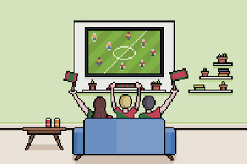 Pixel art fans watching football on tv in living room, portuguese people watching the world cup 8bit background
