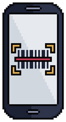 Pixel art mobile phone with barcode on screen vector icon for 8bit game on white background
