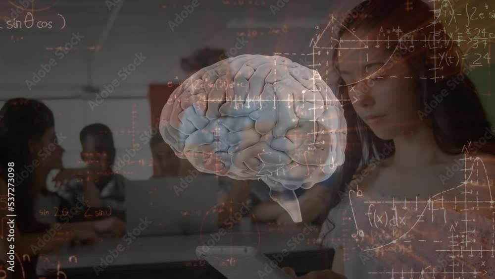 Canvas Prints Animation of mathematical equations and digital brain over diverse students