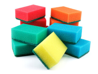 Several multi-colored sponges isolated on a white background. Sponge for washing dishes .