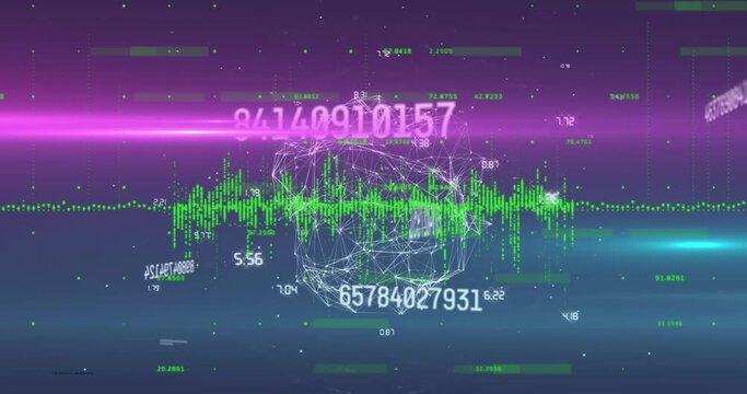Animation of data processing over network of connections on purple background