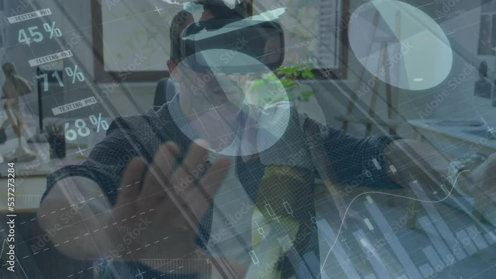 Poster animation of data processing over caucasian businessman using vr headset