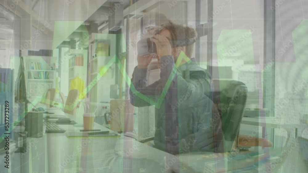 Aufkleber animation of data processing over caucasian businessman using vr headset