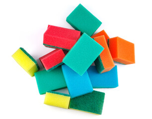 Several multi-colored sponges isolated on a white background. Sponge for washing dishes .