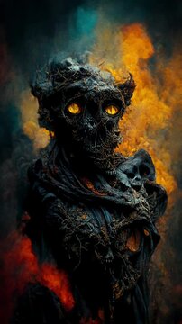 3D rendering vertical view of obsidian gargoyle with bright yellow eyes smolders with neon smoke