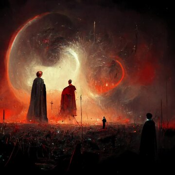 3D rendering of figures silhouette walking among giants though a shifting landscape and swirling sky