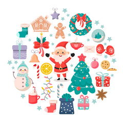 Fototapeta na wymiar A set of vector Christmas elements and characters for the design of winter holidays. New Year's holiday decorations.