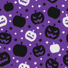 Halloween seamless pattern. Vector background with pumpkin  Cute autumn design. Black spooky wallpaper illustration. Magic halloween pattern print