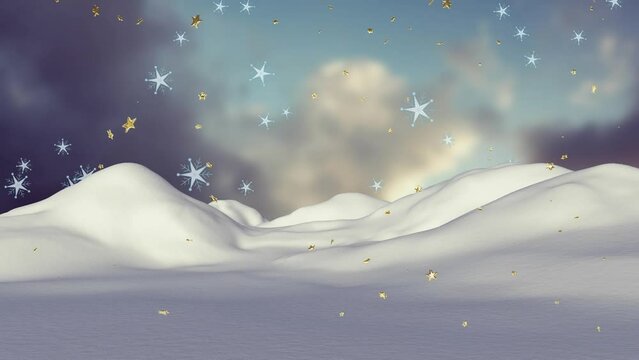 Animation of snow falling over christmas winter scenery