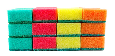 Several multi-colored sponges isolated on a white background. Sponge for washing dishes .