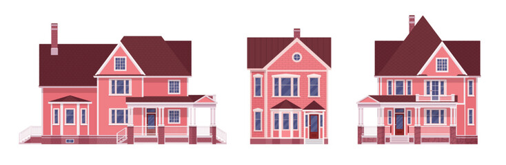 Beautiful pink house cartoon set. Mansion erker elements, housing industry, best neighborhood residence, home hunting, new building purchase, renting, owning residence. Vector flat style illustration