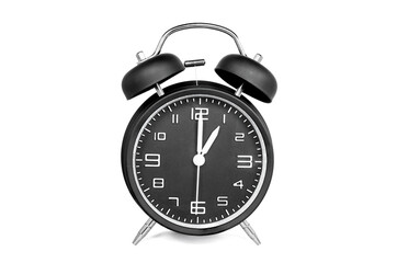remote image of The black alarm clock is set to 1:00 a.m. isolated on a white background.