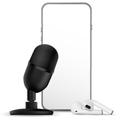 Podcast icon. Audio equipment with microphone, sound headphones, podcast application on mobile smartphone screen. Radio recording sound voice on dark background. Broadcast media music concept.