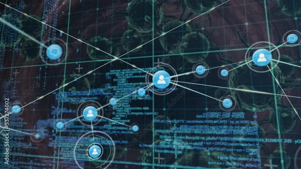 Poster animation of network of connections over virus cells and data processing