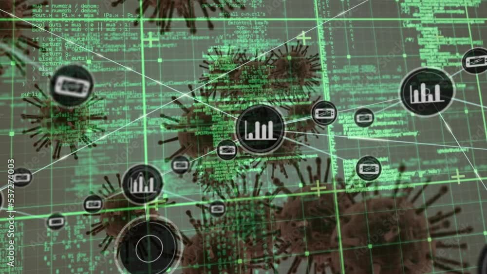 Poster animation of network of connections over virus cells and data processing