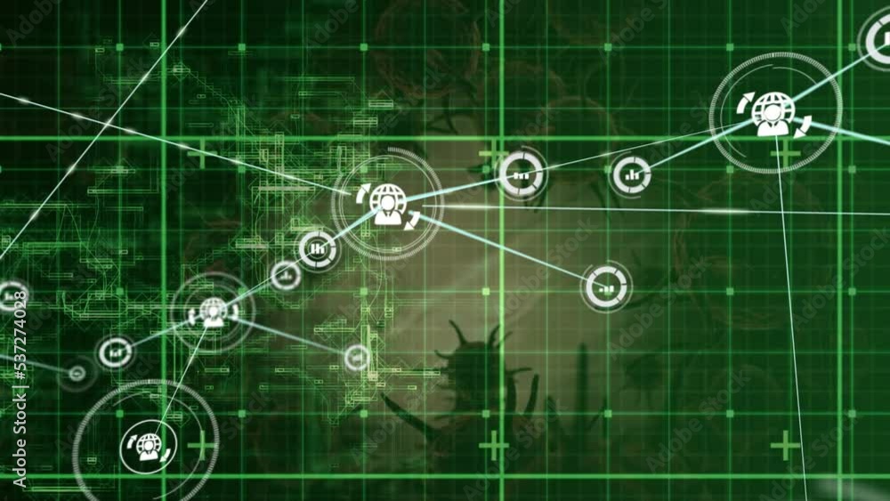 Poster animation of network of connections over virus cells and data processing