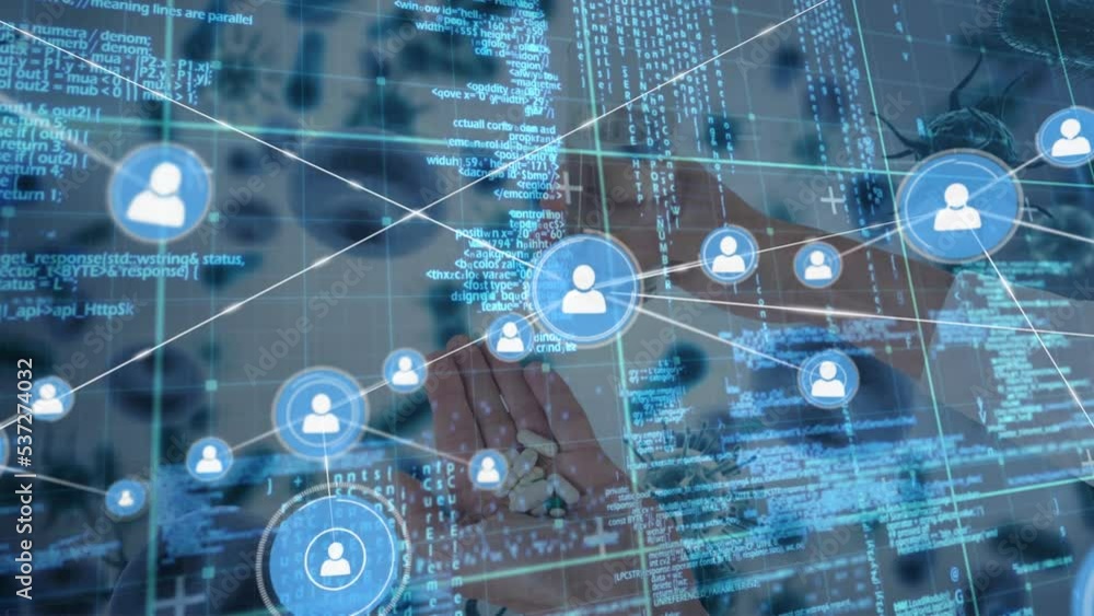 Poster animation of network of connections and hands with pills over virus cells and data processing