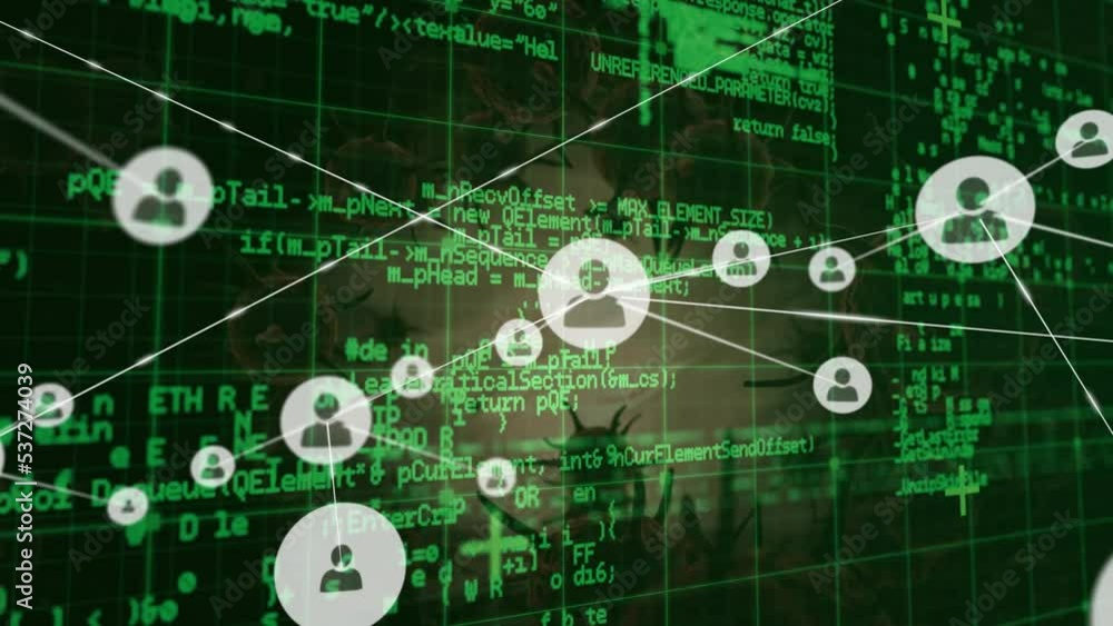Poster animation of network of connections over virus cells and data processing