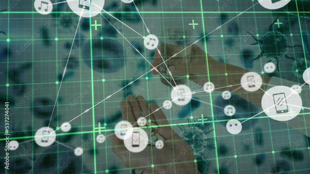 Poster animation of network of connections and hands with pills over virus cells and data processing