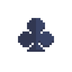 Poker playing card suit clover shape pixel art icon. Clubs suit deck. Design for stickers, logo, web, mobile app, badges and patches, arcade. Isolated vector illustration. Game assets 8-bit sprite.