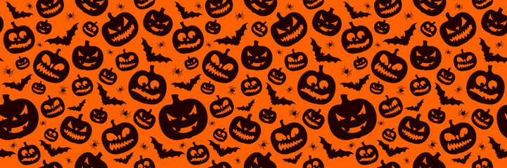 Happy Halloween Seamless Pattern Illustration with Cute Pumpkin and Flying Bats on Orange Background. Vector Autumn Holiday Design Template for Greeting Card, Flyer, Banner, Celebration Poster or