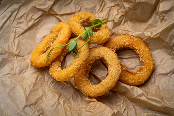 Crispy Fried Squid Rings. On a dark background
