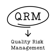 Letter of abbreviation QRM in circle and word Quality risk management on white background