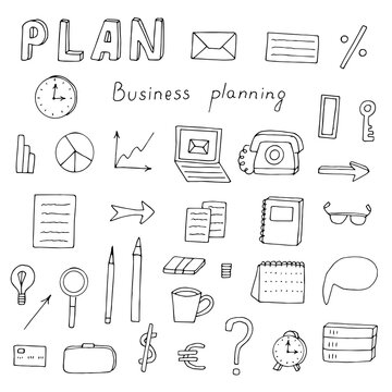 Business planning set vector illustration, hand drawing doodles