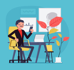 Businessman working at desk, office interior. Male happy manager in positive workplace, bringing insights and solutions, high level of performance. Vector creative vibrant botanical illustration