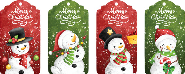 Watercolor Illustration set of Christmas hangtag with snowman - obrazy, fototapety, plakaty