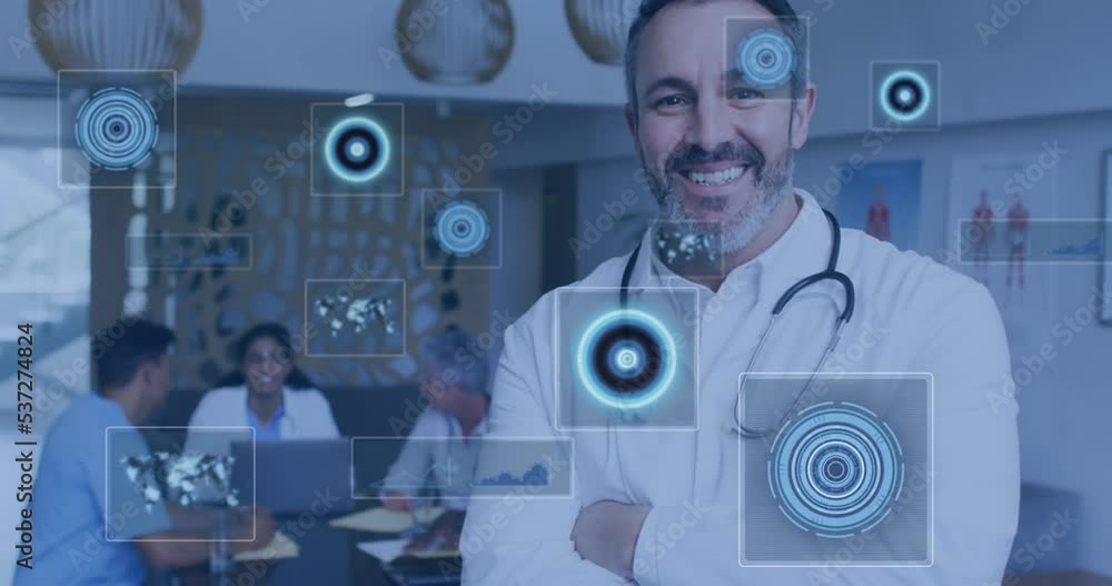 Poster animation of data processing over diverse doctors smiling