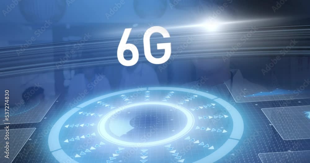 Poster animation of data processing and 6g text over diverse doctors smiling