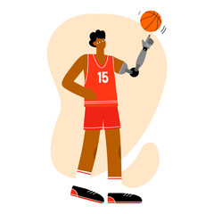 A young black basketball player with a prosthetic arm spins the ball. Athlete with a disability. Flat isolated vector illustration