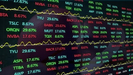 Animation of stock market data processing against close up of rugby ball on grass field - Powered by Adobe