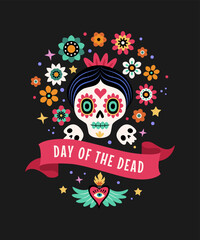 Day Of The Dead concept. Vector flat cartoon illustration with sugar festive female skull surrounded by flowers, ribbon with inscription. Isolated on black background