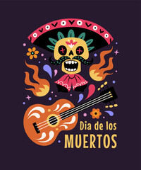 Dia de Los Muertos greeting card. Vector flat cartoon illustration with sugar festive skull in a sombrero with a guitar, surrounded by flowers, fire, and abstract shapes. Isolated on black background