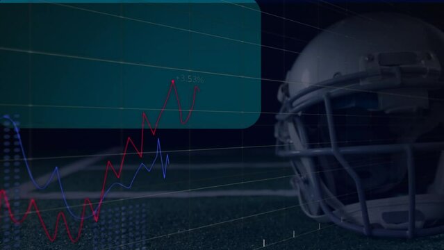 Animation of statistical data processing against close up of rugby helmet on grass field