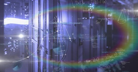 Animation of mathematical equations and data processing against rainbow lens flare over server room - Powered by Adobe