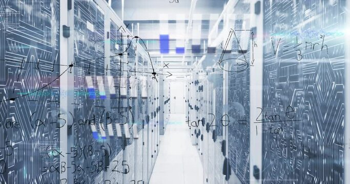Animation of mathematical equations and data processing against computer server room - Powered by Adobe