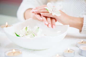 Naklejka na ściany i meble beauty delicate hands with manicure holding flower lily.